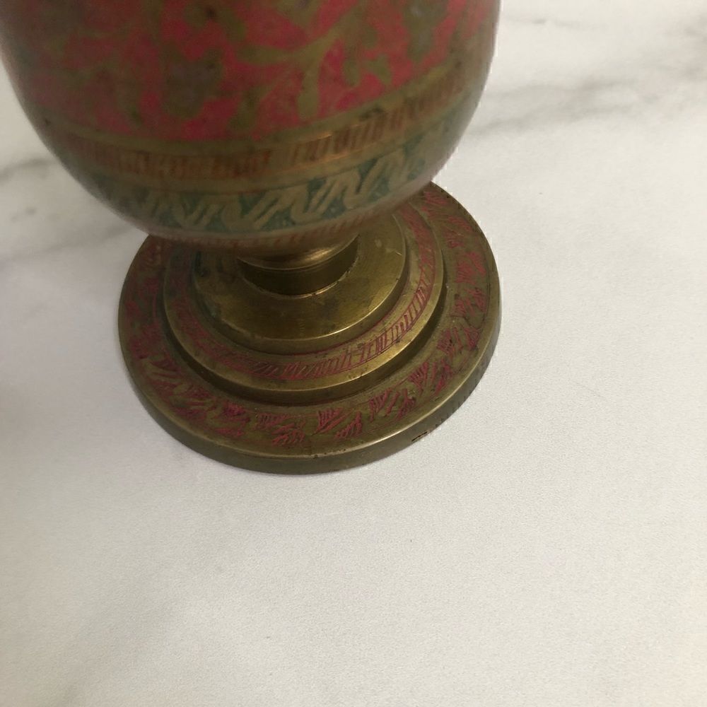 Vintage Etched Enamel Brass Footed Urn/Vase Red and Green Floral - Picture 3 of 10